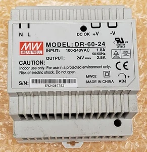 Mean Well Power Supply DR-60-24 Input: 100-240VAC 1.8A Output: 24V 2.5A Din Rail - Picture 1 of 11