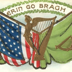 c1910 Erin Go Bragh Gold Irish Harp American Flag Postcard St Patrick's Day Mica - Picture 1 of 3