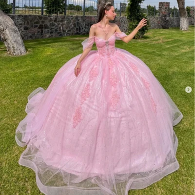 Pink Quinceanera Dresses Sweet 15 16 Princess Glitter Birthday Party Ball Gowns - Image 1 of 4