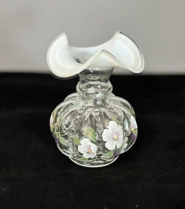 Fenton handbemalte klare französische opalisierende Perlen Melone Vase 6". Signiert/Markiert - Bild 1 von 5