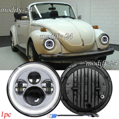 Chrome 7" Inch Round LED Headlight Hi/Low Beam Halo DRL fit VW Beetle 1950-1979 - Image 1 of 4