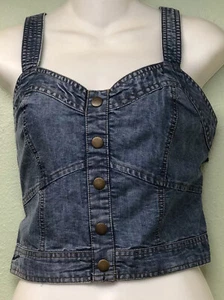 Japna Blue Denim Crop Tank Top Sz L Sweaheart Neckline Button Down Elastic Back - Picture 1 of 10