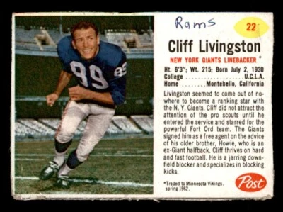 1962 Post Football #22 Cliff Livingston GD *d2 - Image 1 of 2