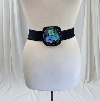 Blue Suede Leather Waist Belt Flower Medallion Boho Western Indie Cowgirl 90s M - Image 1 of 4