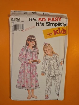 SIMPLICITY PATTERN   9296 CHILDS' NIGHTGOWN & PAJAMAS / Size 3-8 - Image 1 of 3