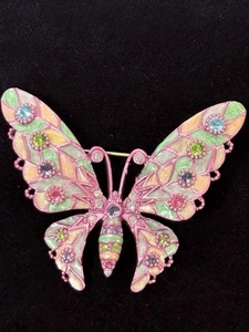 VINTAGE JOAN RIVERS PINK PASTEL COLORS ENAMEL & CRYSTALS BUTTERFLY BROOCH (J-1) - Picture 1 of 3