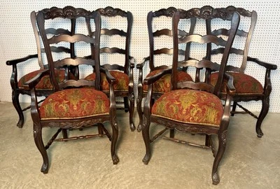 Six Louis XV Antique Style Country French Ladderback Two Seat 48” Armchairs - Image 1 of 4