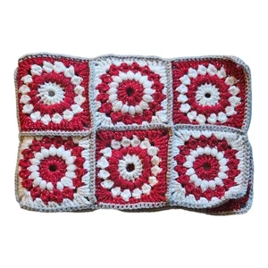 Vintage Granny Square Christmas Table Runner 9"×59" Red White Silver Sparkle  - Picture 1 of 3