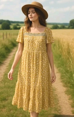 Calivta Floral Midi Dress M Boho Cottagecore Country Grannycore Smocked Yellow - Image 1 of 4