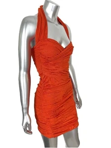 ZARA Jacquard Mini Soft Dress Women Sz S Halter Tie Neck Orange Cayenne NEW Sexy - Picture 1 of 7