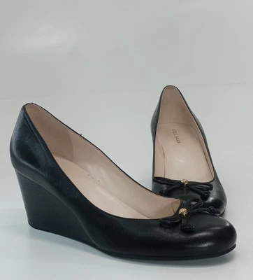 Cole Haan Elsie Bow Wedge Pumps Women's Black Leather Slip-On Size 8.5B  - Image 1 of 4