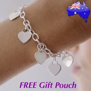 Silver Love Heart Charm Link Chain Stainless Steel Bracelet Bangle Women’s Gift - Picture 1 of 1