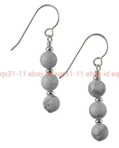 Pretty 8/10mm White Marbled Howlite Gemstone Round Beads Drop Earrings - Picture 1 of 12