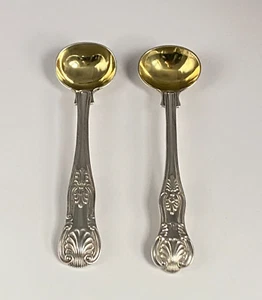Antikes Paar 1849 / 1860 viktorianische Silber und vergoldete Salzlöffel Königsmuster - Bild 1 von 17