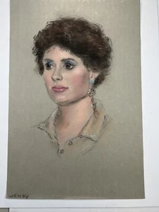 "Dibujo pastel original retrato de mujeres jóvenes arte de cabello castaño sin firmar 18x12""" - Imagen 1 de 12