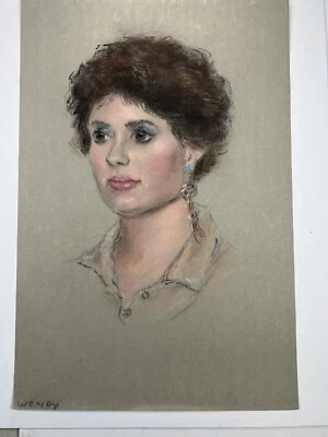 Original Pastel Drawing Portrait Of Young Women Brown Hair Art Unsigned 18x12” - Image 1 of 4
