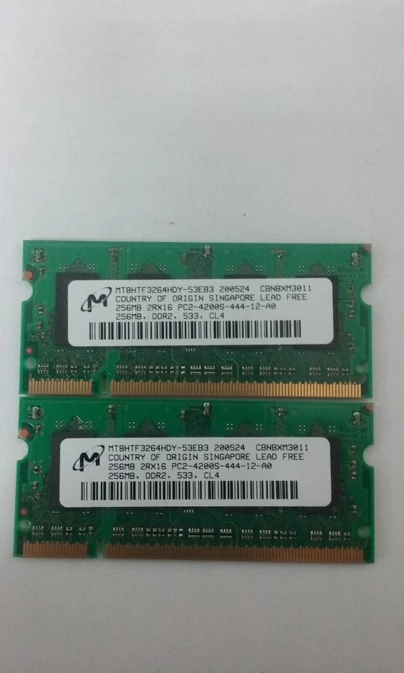  2 X RAM MICRON 256MB DDR2 533 CL4 2RX16 PC2-4200S-444-12-A0    - Immagine 1 di 1