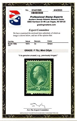 US Scott #158e 3c Washington Stamp w Grill. MOGH. PSE Cert., Grade 70J. CV $550 - Image 1 of 3