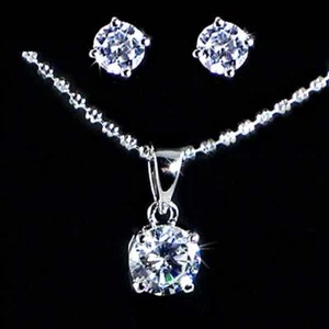 ROUND BRILLIANT CZ SOLITAIRE NECKLACE & EARRING SET_925 STERLING SILVER - NF - Picture 1 of 7