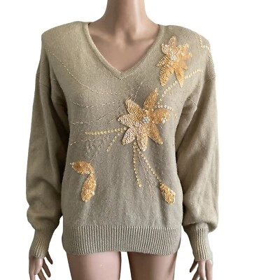 Suéter Vintage Angenie Para Mujer Grande Floral Cuentas Lentejuelas Beige Tostado Pullover Foto 1 de 4