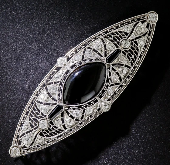 Large Art Deco 1.12CT Cubic Zirconia With Black Onyx Women Brooch Pin In Silver - Image 1 of 4
