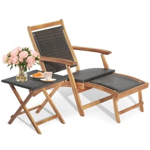 2 PCS Foldable Patio Set Rattan Chaise Lounge Chair Wood Frame W/Footrest Table - Picture 1 of 11