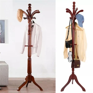 Rustic Wooden Coat Rack Stand Height Adjustable Hall Tree Entryway Clothes Rail - Picture 1 of 18