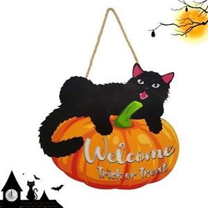 Halloween Wood Hanging Sign Welcome Trick or Treat Black Cat Pumpkin with Lig... - Picture 1 of 6