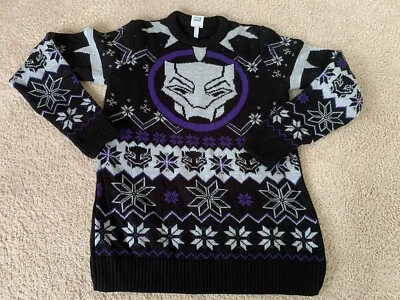 Suéter de malha Marvel Black Panther tamanho XS Wakanda Natal feio preto roxo - Imagem 1 de 4