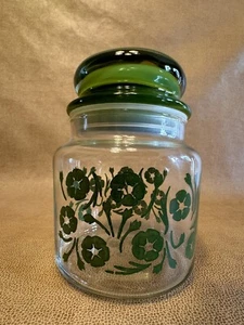 Vintage ANCHOR HOCKING Glass Canister Green Floral Mid Century Modern MCM Retro - Picture 1 of 5