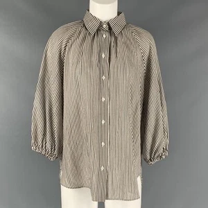 BRUNELLO CUCINELLI Size L White Brown Black Cotton Blend Stripe Casual Top - Picture 1 of 7