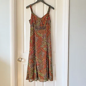 Per Una M & S Dress UK 12 Fit Flare Chiffon Orange Green Midi Sleeveless - Picture 1 of 17