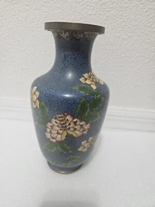 VINTAGE SCHÖNE BLAUE CHINESISCHE MESSING BLUMEN CLOISONNE VASE - Bild 1 von 12