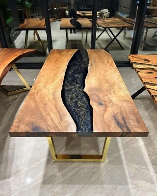 Custom Epoxy Resin Black Dining Table – Solid Walnut Wood Live Edge Table – Hand - Image 1 of 4