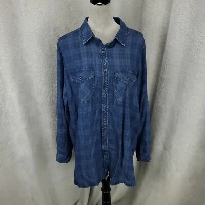 Blusa de mujer cambray talla XL con botones azul a cuadros lengüeta enrollable abotonada Foto 1 de 4