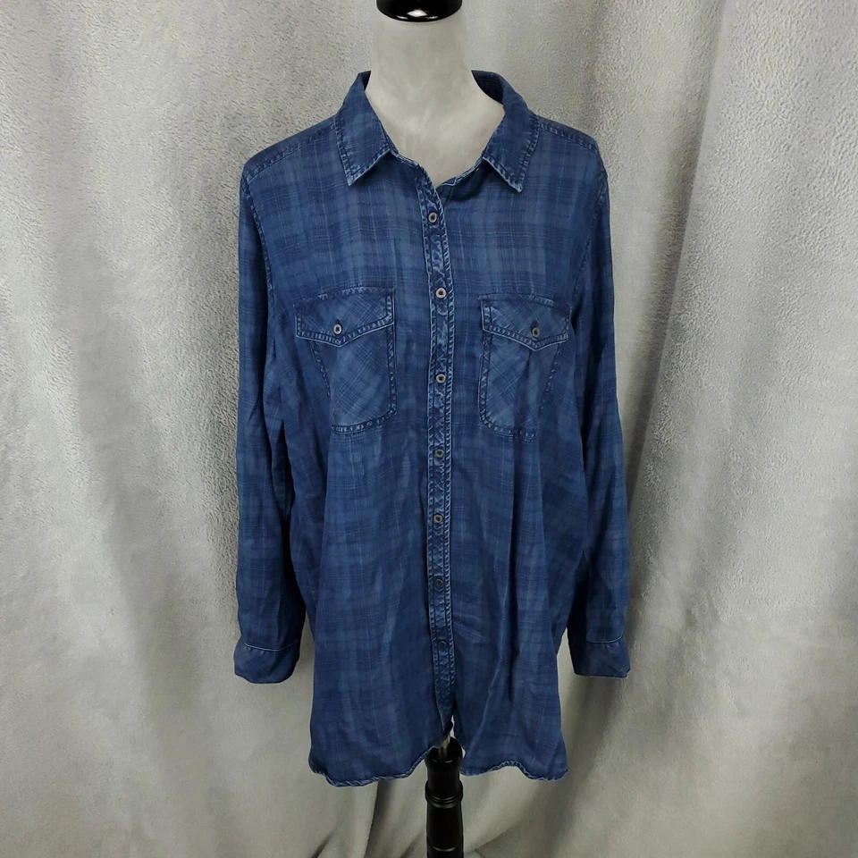 Blusa de mujer cambray talla XL con botones azul a cuadros lengüeta enrollable abotonada Foto 1 de 4