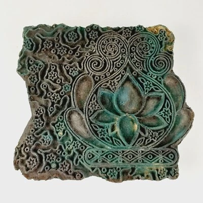 Bloque de impresión de madera de teca tallada a mano de la India vintage flor de loto arte de fibra textil Foto 1 de 4