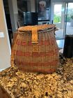 Old  BIG VINTAGE WICKER & LEATHER CREEL BASKET FISHING TROUT Fish Antique