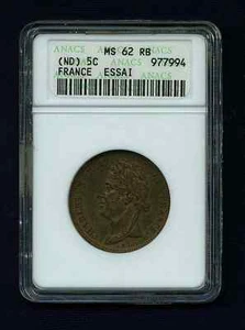 FRANCE CHARLES X  ND(1824) 5 CENTIMES BRONZE  "ESSAI"  CERTIFIED BY ANACS MS62 - Picture 1 of 4