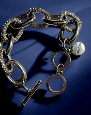 Pulsera Chico's Vintage Tono Plata Pavé Grueso Eslabón Ovalado 8" Cierre Palanca Foto 1 de 4