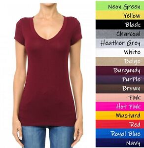 Ambiance V-Neck Short Sleeve T Shirt Basic Plain Solid Top Stretchy Cotton Tee