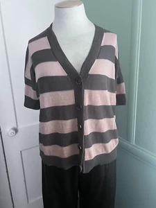 Milly NY Medium Lightweight Boxy Short Sleeve Button Front Pink/Gray Sweater - Picture 1 of 5