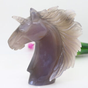 violet gray agate jade crystal hand carved Unicorn horse head decorations M526