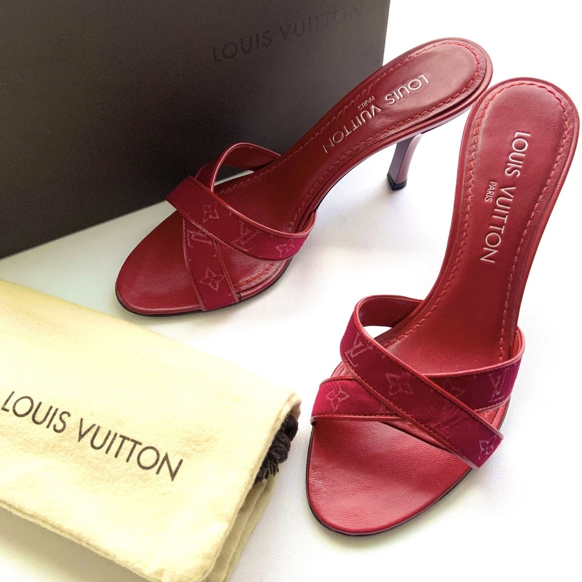 LOUIS VUITTON 赤 ハイヒールサンダル LOUIS VUITTON RED SATIN MONOGRAM SANDALS HEELS 36 | eBay