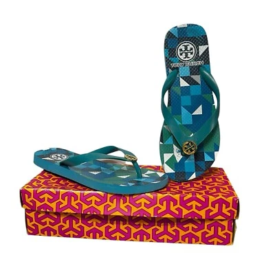 Sandalias chanclas Tory Burch con logotipo medallón para mujer talla 5 azules geométricas Foto 1 de 4