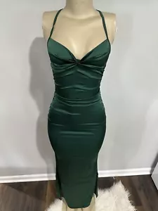 Dress Size Medium Women Green Satin Formal Body Con Maxi Dress Long Lace Up New - Picture 1 of 5