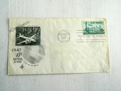 1947 First Day Issue Air Mail postage Stamp Envelope 15c Airplane  - Image 1 of 4
