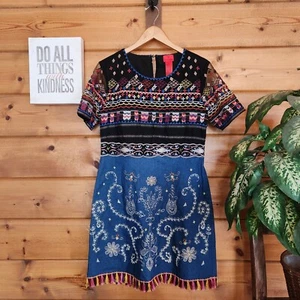 Vestido V Cristina Boho Cambray Malla Flecos Borla Bordado Hippie Tribal Talla 8 - Imagen 1 de 8