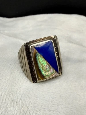 Vintage Abalone Lapis Ring Green Blue Silver Tone Size 9.25 - Image 1 of 4