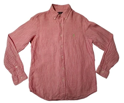 Ralph Lauren Ocean Wash 100% Linen Pink Striped Button Down Shirt Mens Medium - Image 1 of 4